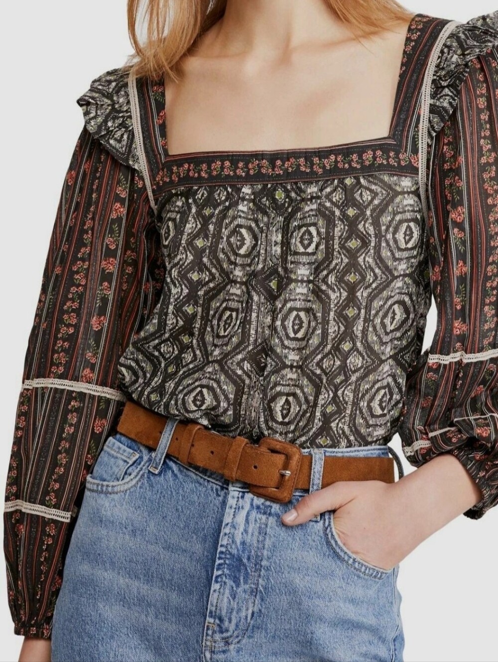 Free People Mostly Meadow Blouse in the Black Combo Sz Small New $130. WT116
